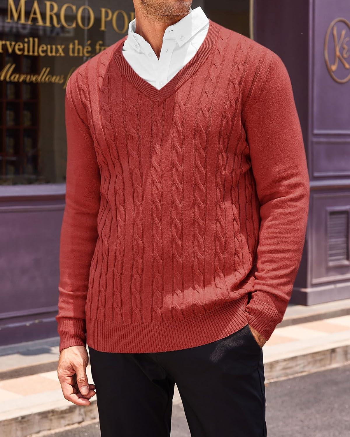 imageRuncati Mens V Neck Sweater Cable Knit Long Sleeve Casual Ribbed Twisted Pullover SweatersRed