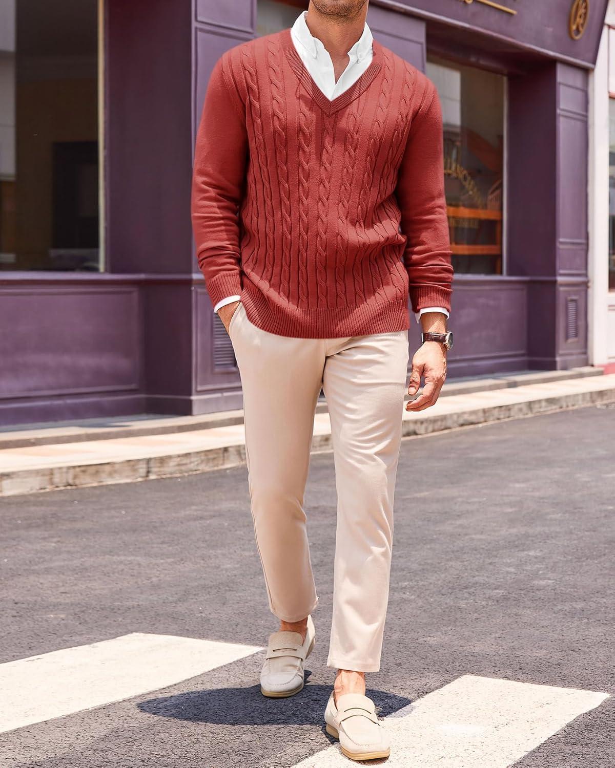 imageRuncati Mens V Neck Sweater Cable Knit Long Sleeve Casual Ribbed Twisted Pullover SweatersRed