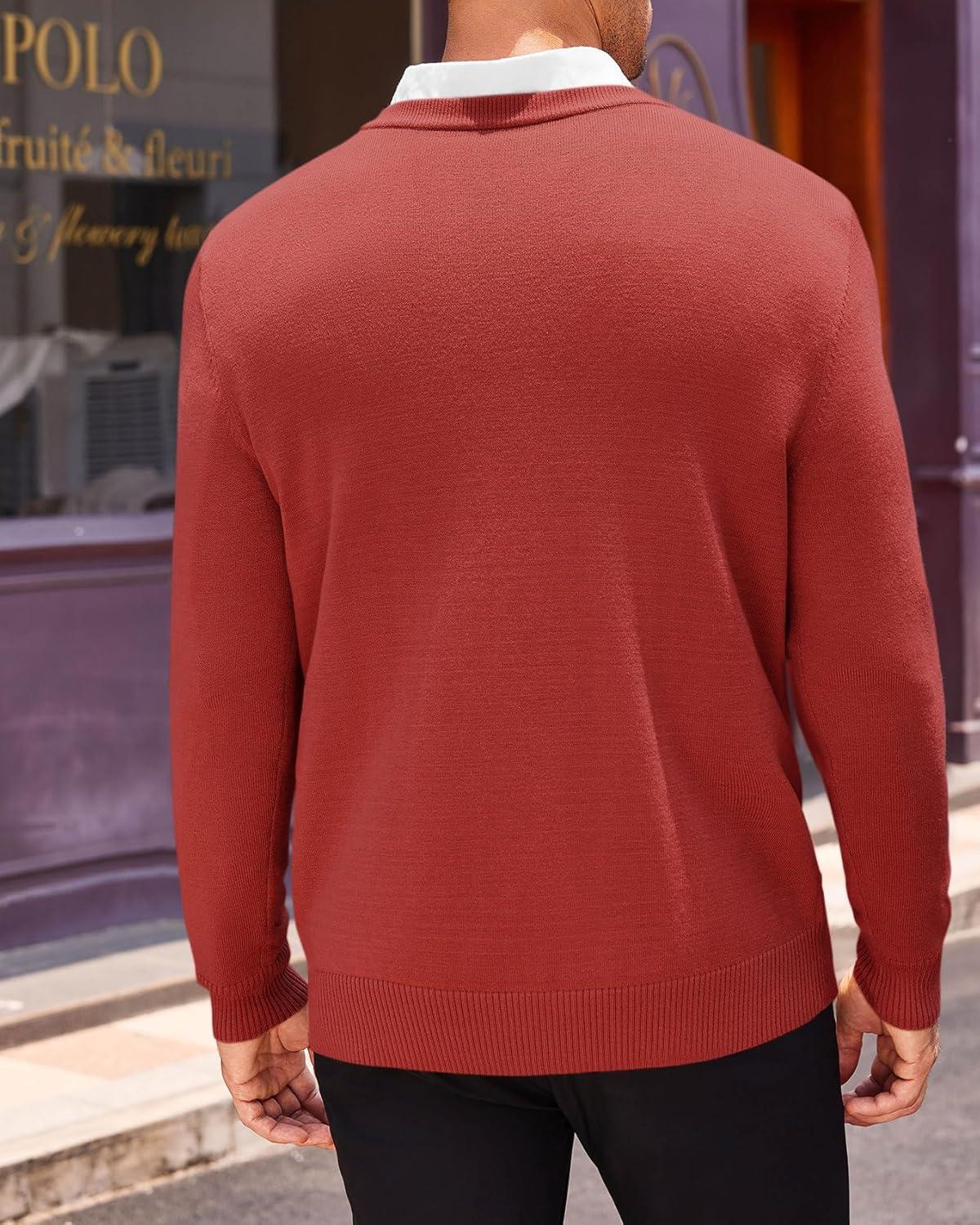 imageRuncati Mens V Neck Sweater Cable Knit Long Sleeve Casual Ribbed Twisted Pullover SweatersRed