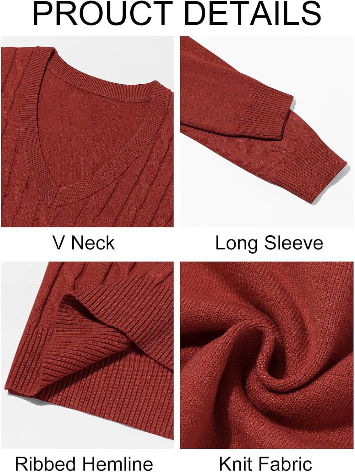 imageRuncati Mens V Neck Sweater Cable Knit Long Sleeve Casual Ribbed Twisted Pullover SweatersRed