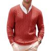 imageRuncati Mens V Neck Sweater Cable Knit Long Sleeve Casual Ribbed Twisted Pullover SweatersRed