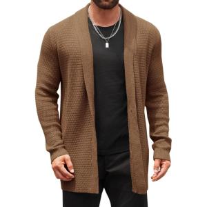 imageRuncati Mens Cardigan Sweater Shawl Collar Cable Knit Cardiagn Long Winter Open Front Sweaters with PocketsBrown