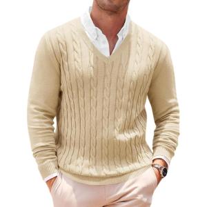 imageRuncati Mens V Neck Sweater Cable Knit Long Sleeve Casual Ribbed Twisted Pullover SweatersBeige