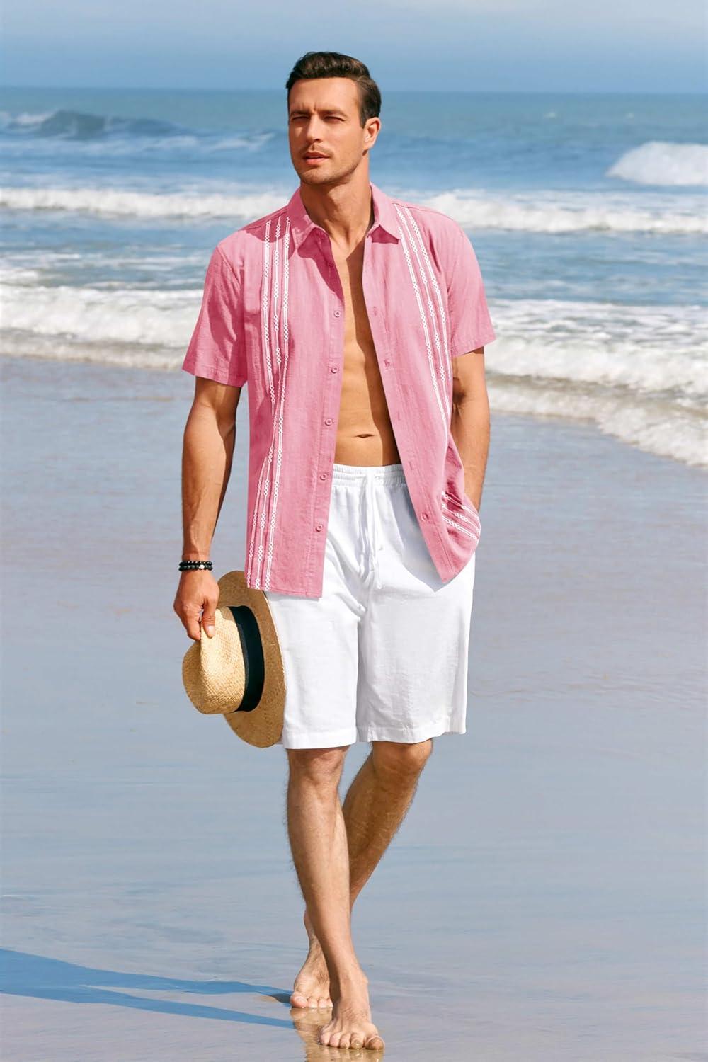 imageRuncati Mens Short Sleeve Guayabera Shirts Linen Cotton Button Down Mexican Embroidered Cuban Wedding Shirt Summer Beach Tops03 Pink