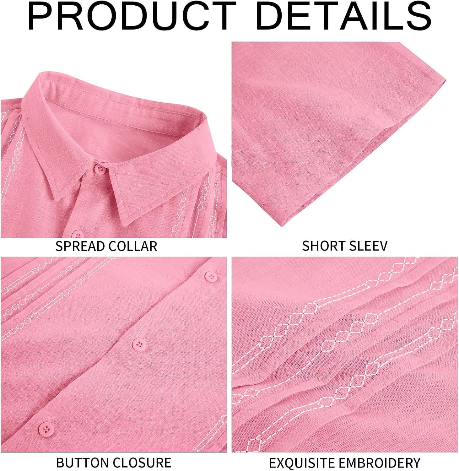 imageRuncati Mens Short Sleeve Guayabera Shirts Linen Cotton Button Down Mexican Embroidered Cuban Wedding Shirt Summer Beach Tops03 Pink