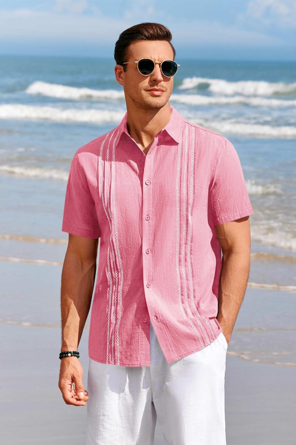 imageRuncati Mens Short Sleeve Guayabera Shirts Linen Cotton Button Down Mexican Embroidered Cuban Wedding Shirt Summer Beach Tops03 Pink