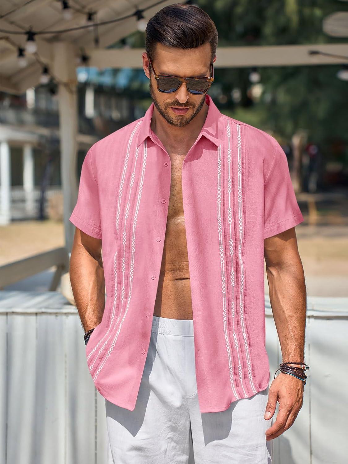 imageRuncati Mens Short Sleeve Guayabera Shirts Linen Cotton Button Down Mexican Embroidered Cuban Wedding Shirt Summer Beach Tops03 Pink