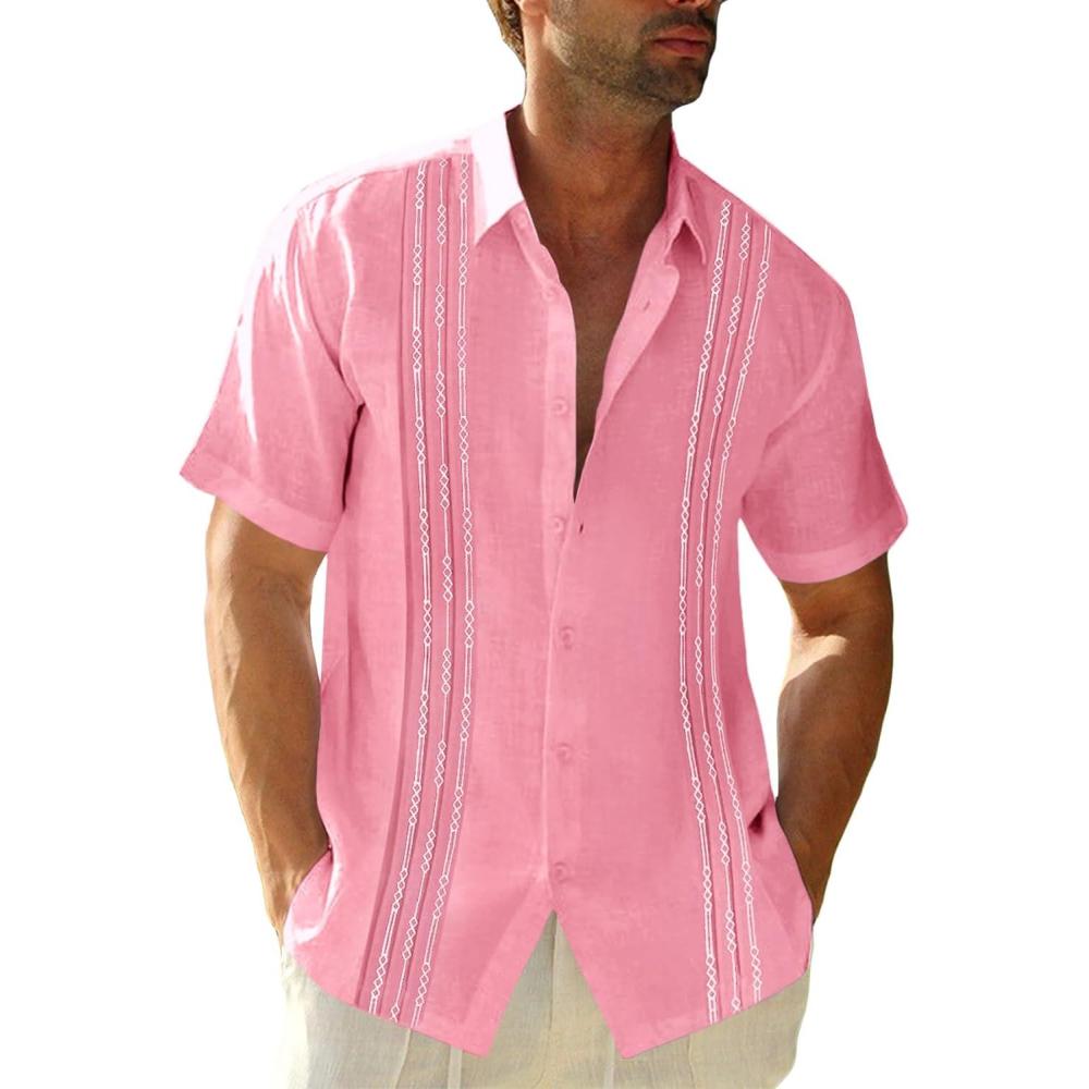 imageRuncati Mens Short Sleeve Guayabera Shirts Linen Cotton Button Down Mexican Embroidered Cuban Wedding Shirt Summer Beach Tops03 Pink