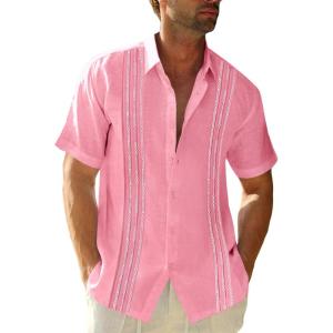 imageRuncati Mens Short Sleeve Guayabera Shirts Linen Cotton Button Down Mexican Embroidered Cuban Wedding Shirt Summer Beach Tops03 Pink