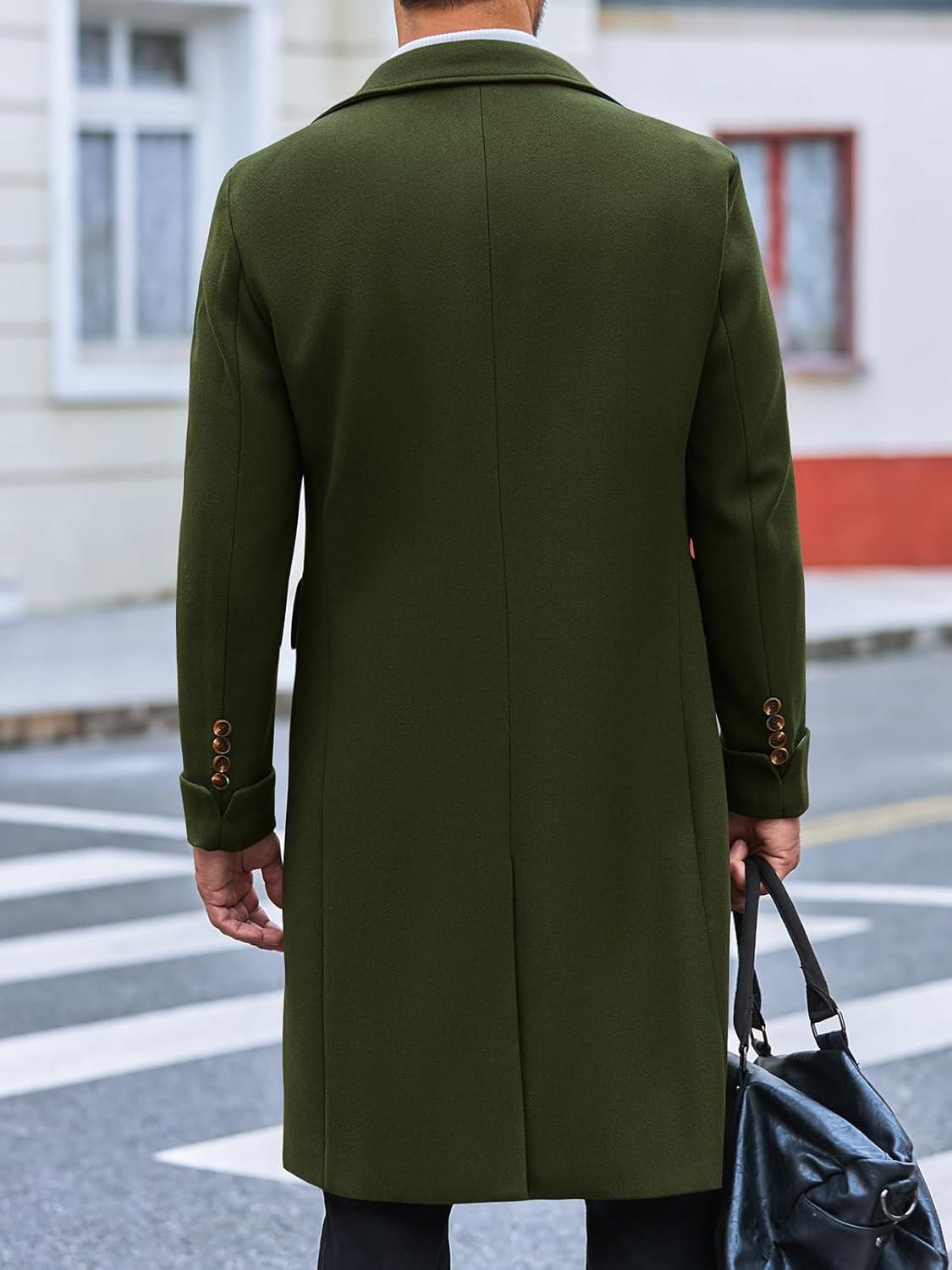 imageRuncati Mens Trench Coat Notch Lapel Slim Fit Double Breasted Long Pea Coat Winter Warm OvercoatArmy Green