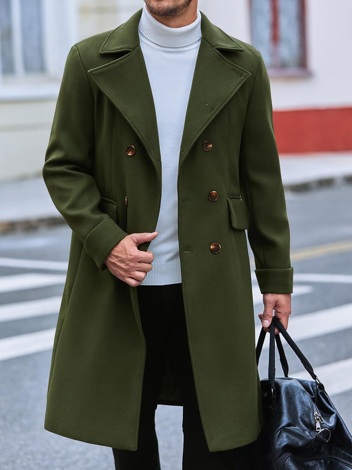 imageRuncati Mens Trench Coat Notch Lapel Slim Fit Double Breasted Long Pea Coat Winter Warm OvercoatArmy Green