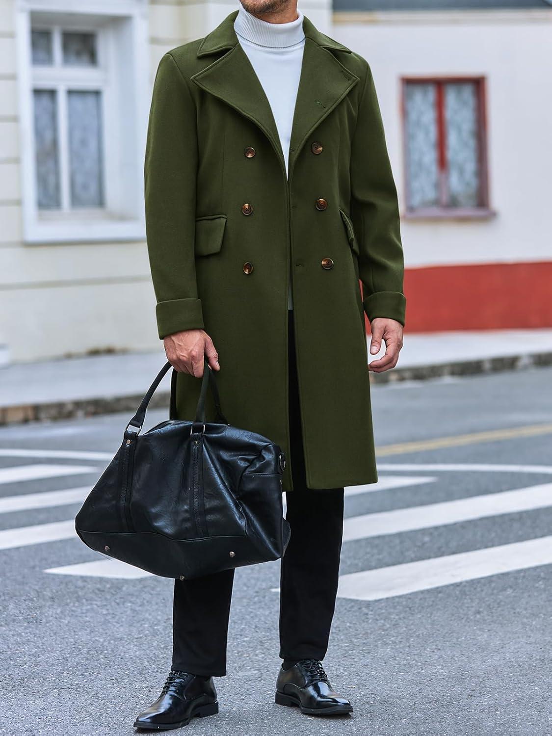 imageRuncati Mens Trench Coat Notch Lapel Slim Fit Double Breasted Long Pea Coat Winter Warm OvercoatArmy Green