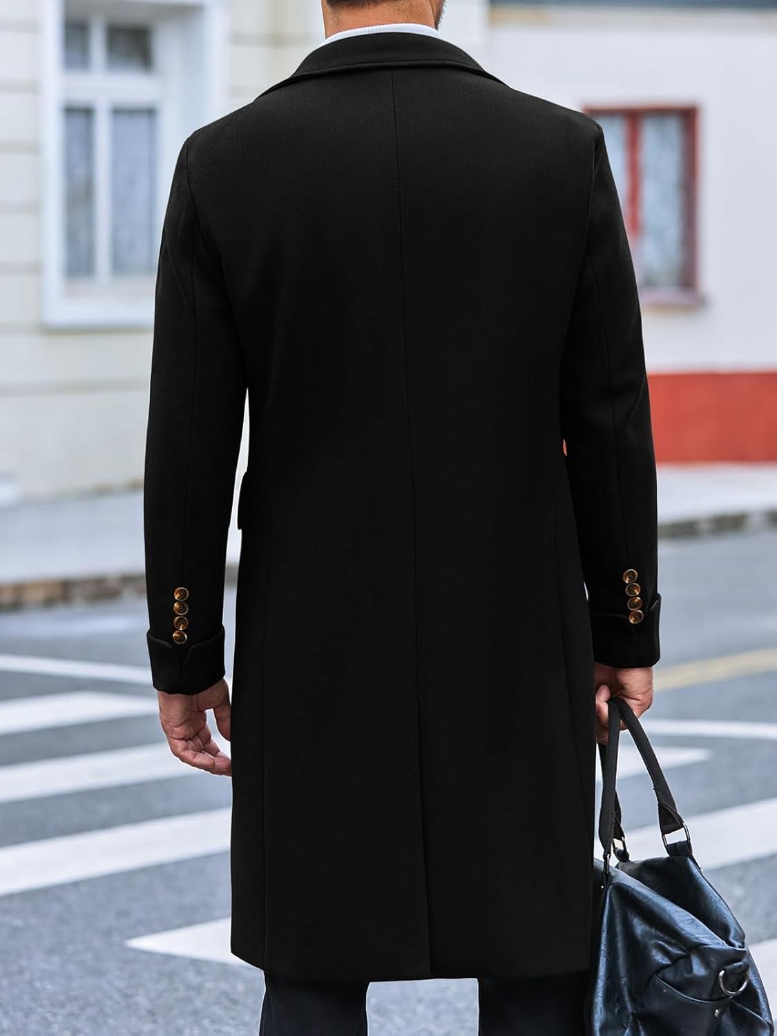 imageRuncati Mens Trench Coat Notch Lapel Slim Fit Double Breasted Long Pea Coat Winter Warm OvercoatBlack