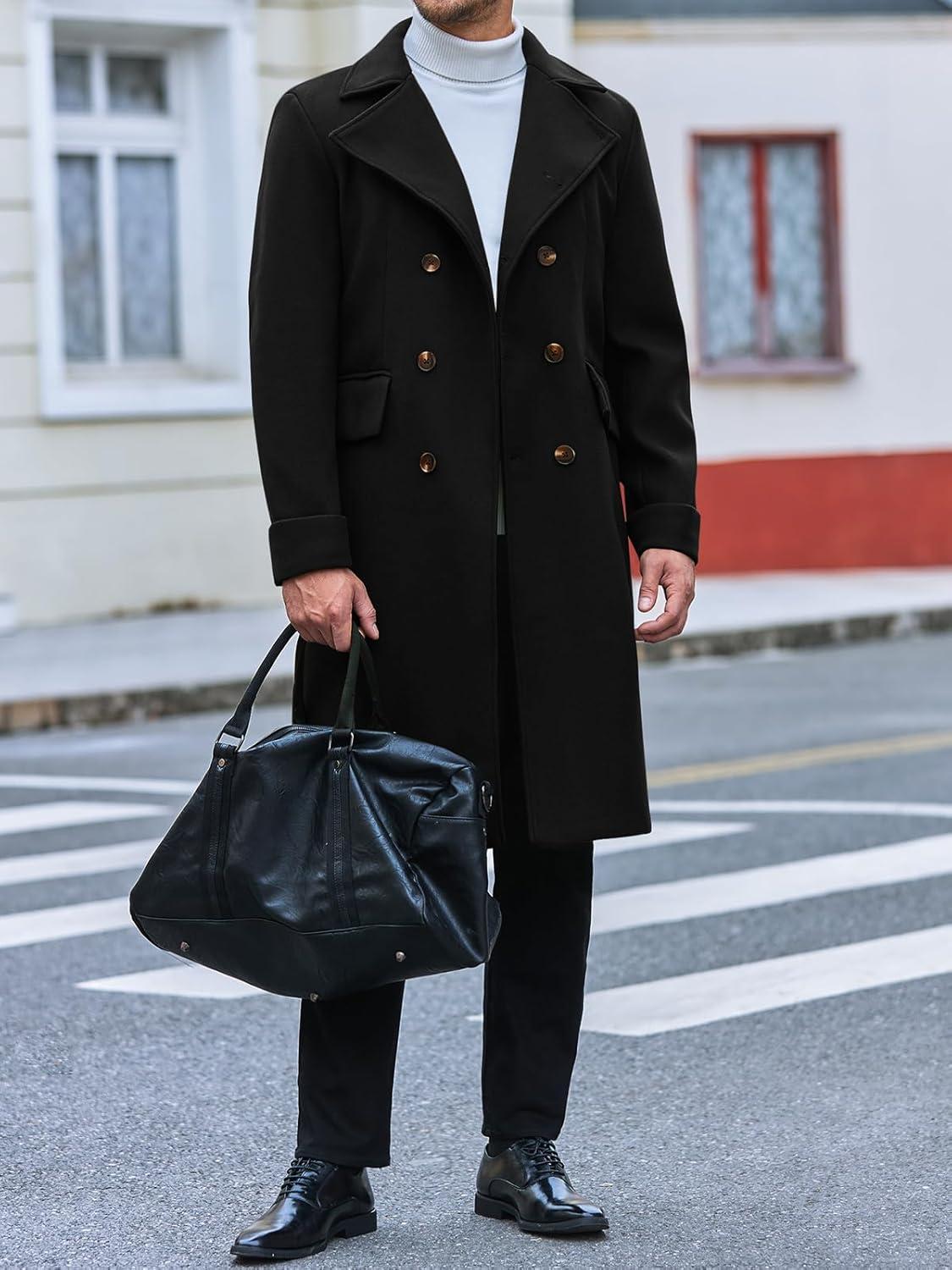 imageRuncati Mens Trench Coat Notch Lapel Slim Fit Double Breasted Long Pea Coat Winter Warm OvercoatBlack