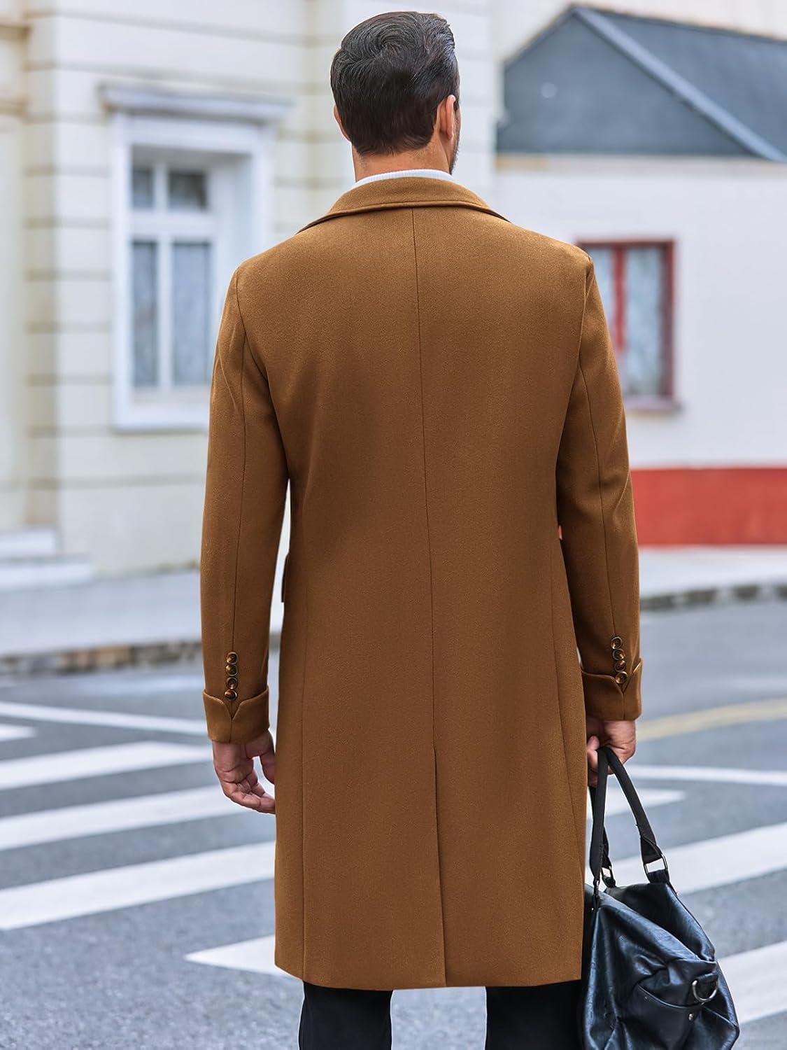 imageRuncati Mens Trench Coat Notch Lapel Slim Fit Double Breasted Long Pea Coat Winter Warm OvercoatBrown