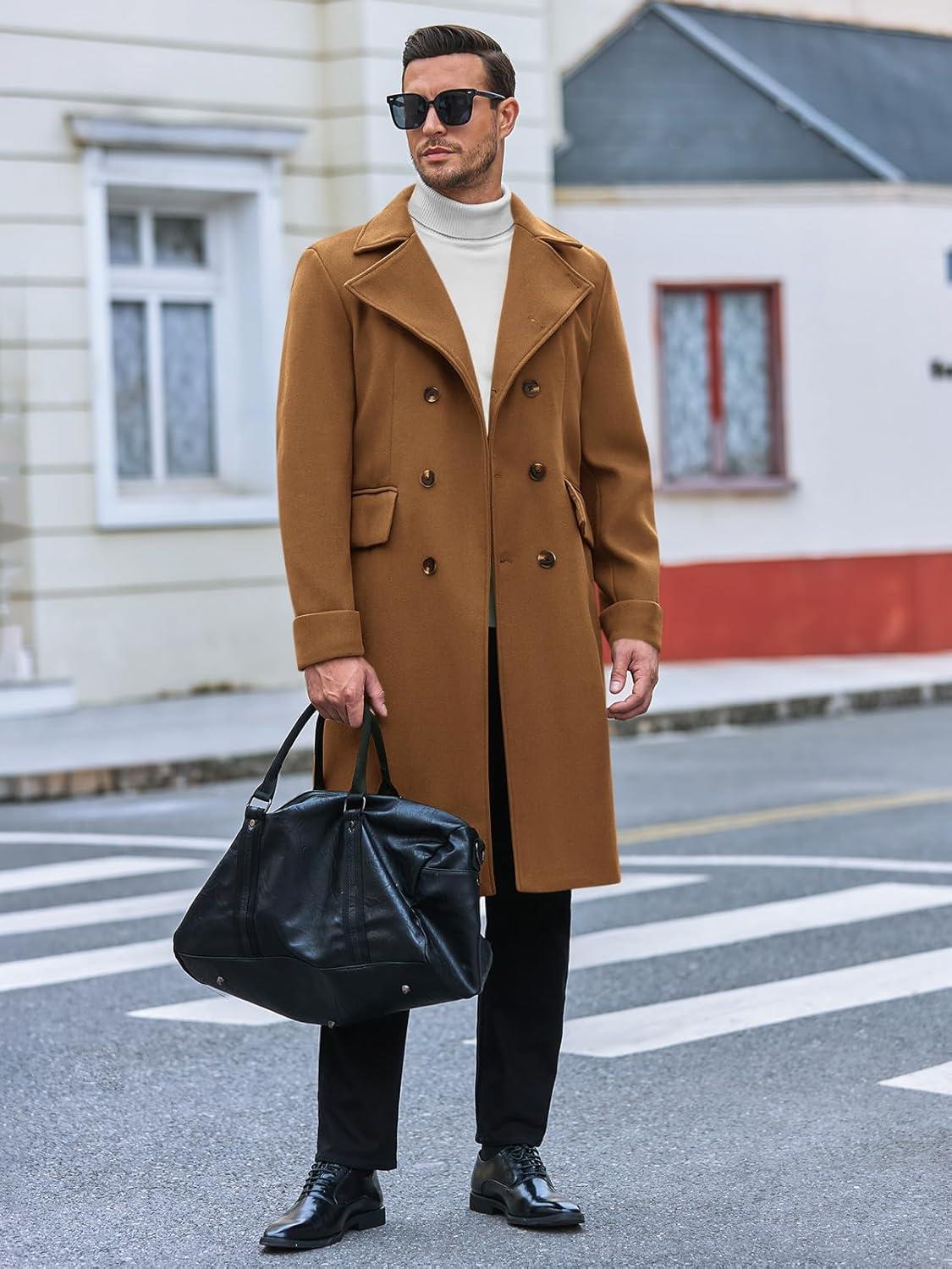 imageRuncati Mens Trench Coat Notch Lapel Slim Fit Double Breasted Long Pea Coat Winter Warm OvercoatBrown