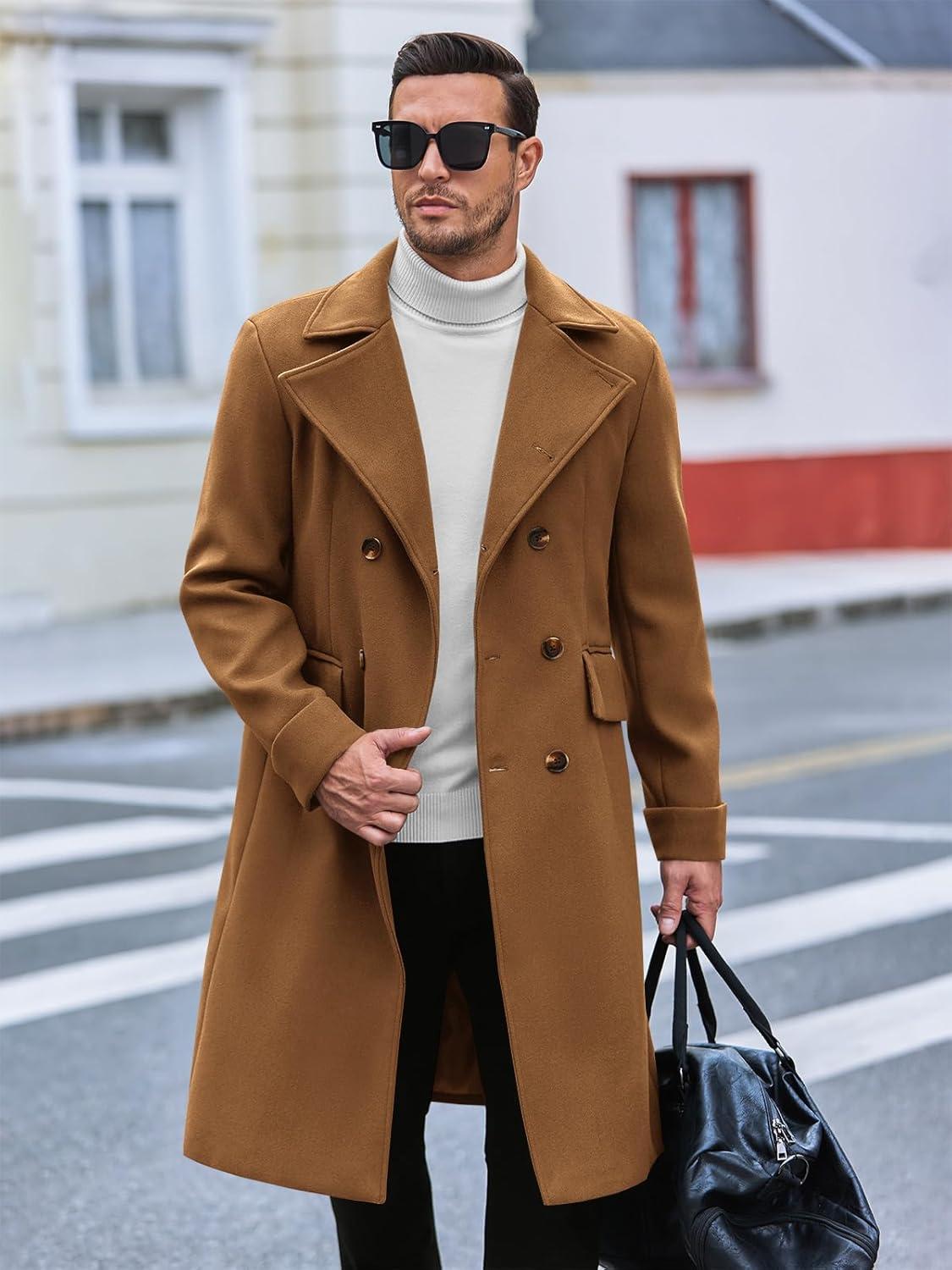 imageRuncati Mens Trench Coat Notch Lapel Slim Fit Double Breasted Long Pea Coat Winter Warm OvercoatBrown