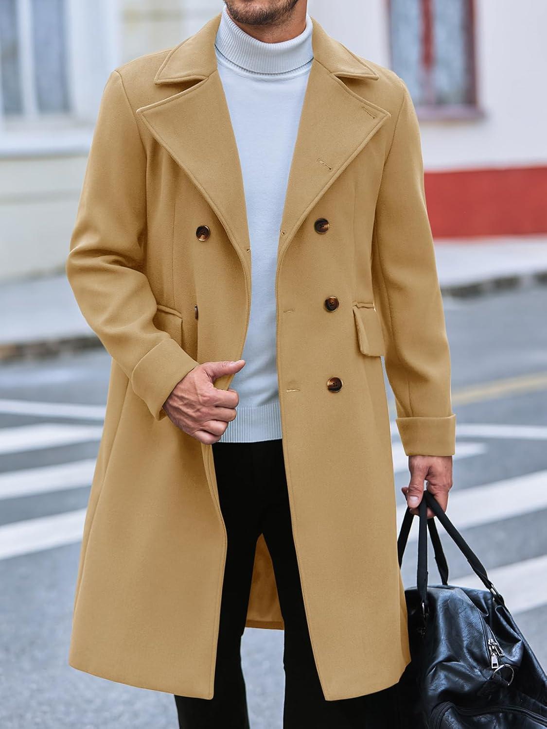 imageRuncati Mens Trench Coat Notch Lapel Slim Fit Double Breasted Long Pea Coat Winter Warm OvercoatKhaki