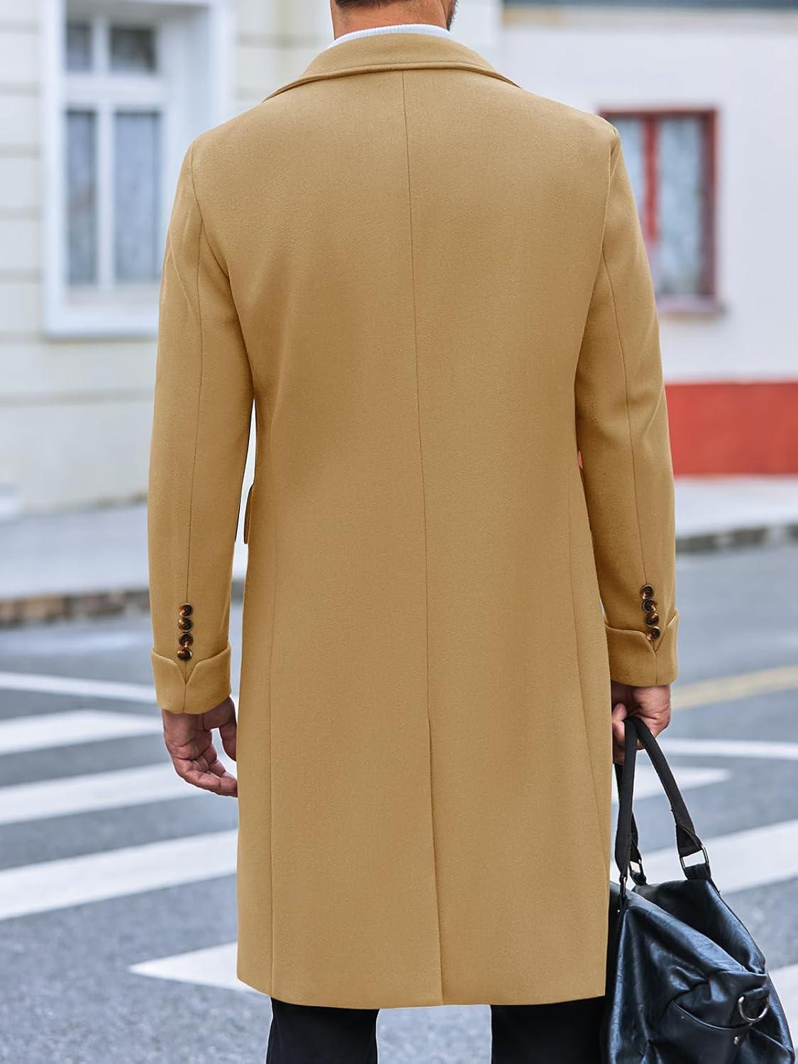 imageRuncati Mens Trench Coat Notch Lapel Slim Fit Double Breasted Long Pea Coat Winter Warm OvercoatKhaki