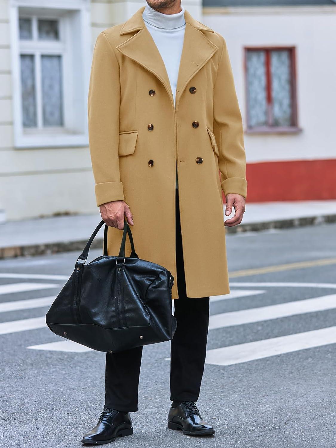 imageRuncati Mens Trench Coat Notch Lapel Slim Fit Double Breasted Long Pea Coat Winter Warm OvercoatKhaki