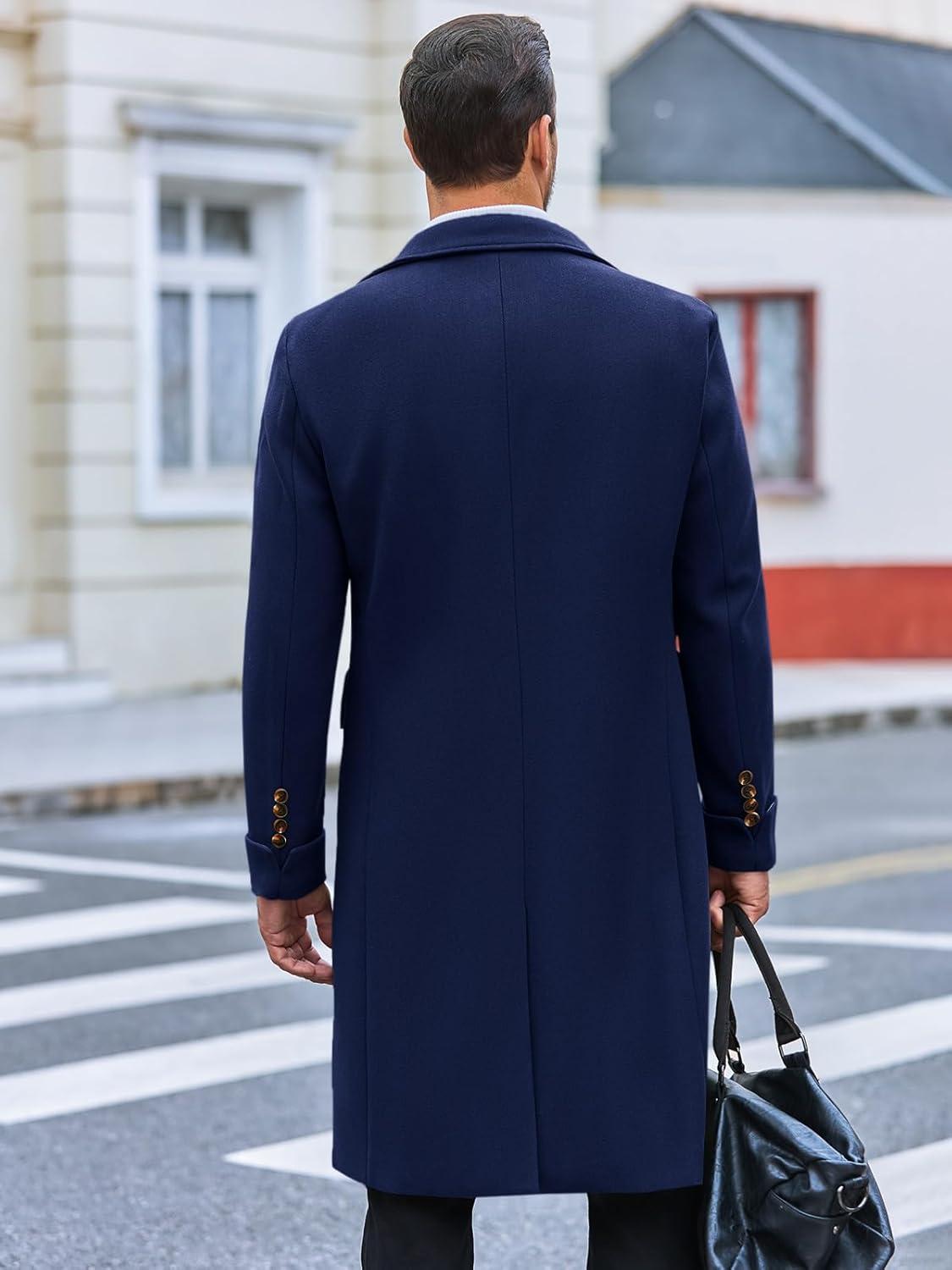 imageRuncati Mens Trench Coat Notch Lapel Slim Fit Double Breasted Long Pea Coat Winter Warm OvercoatNavy