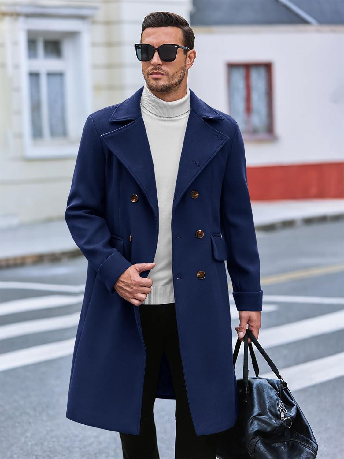 imageRuncati Mens Trench Coat Notch Lapel Slim Fit Double Breasted Long Pea Coat Winter Warm OvercoatNavy