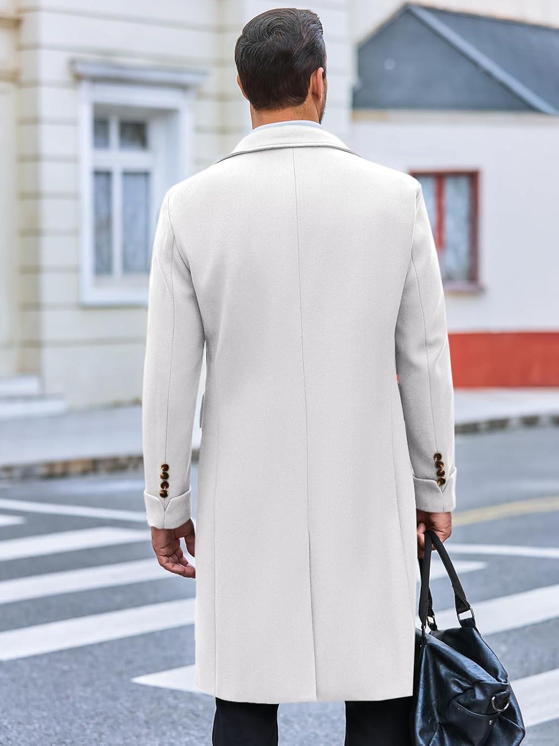 imageRuncati Mens Trench Coat Notch Lapel Slim Fit Double Breasted Long Pea Coat Winter Warm OvercoatWhite