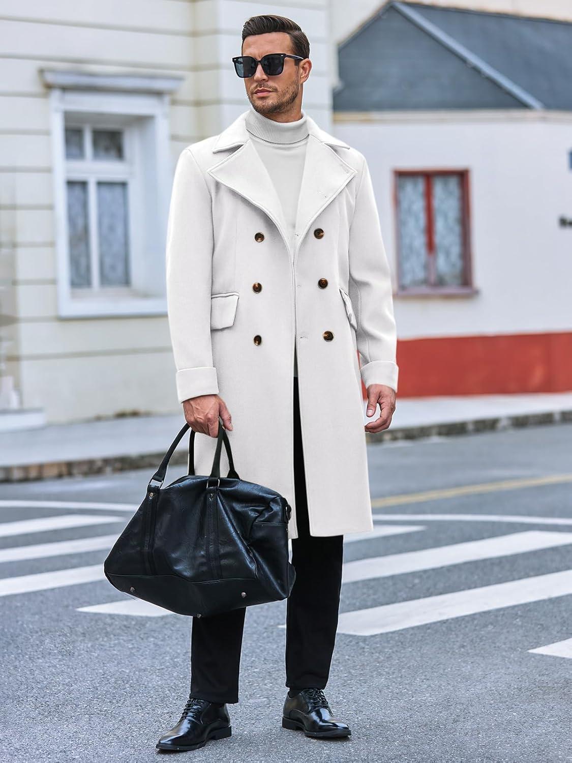 imageRuncati Mens Trench Coat Notch Lapel Slim Fit Double Breasted Long Pea Coat Winter Warm OvercoatWhite