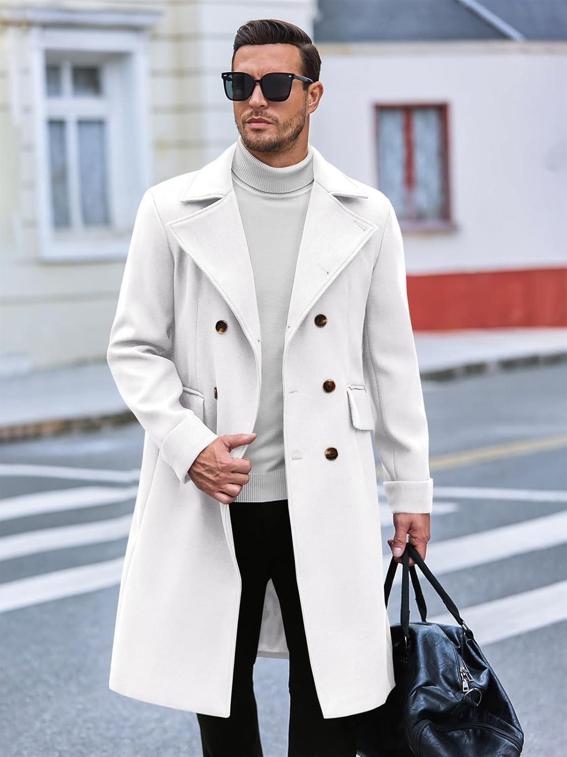 imageRuncati Mens Trench Coat Notch Lapel Slim Fit Double Breasted Long Pea Coat Winter Warm OvercoatWhite
