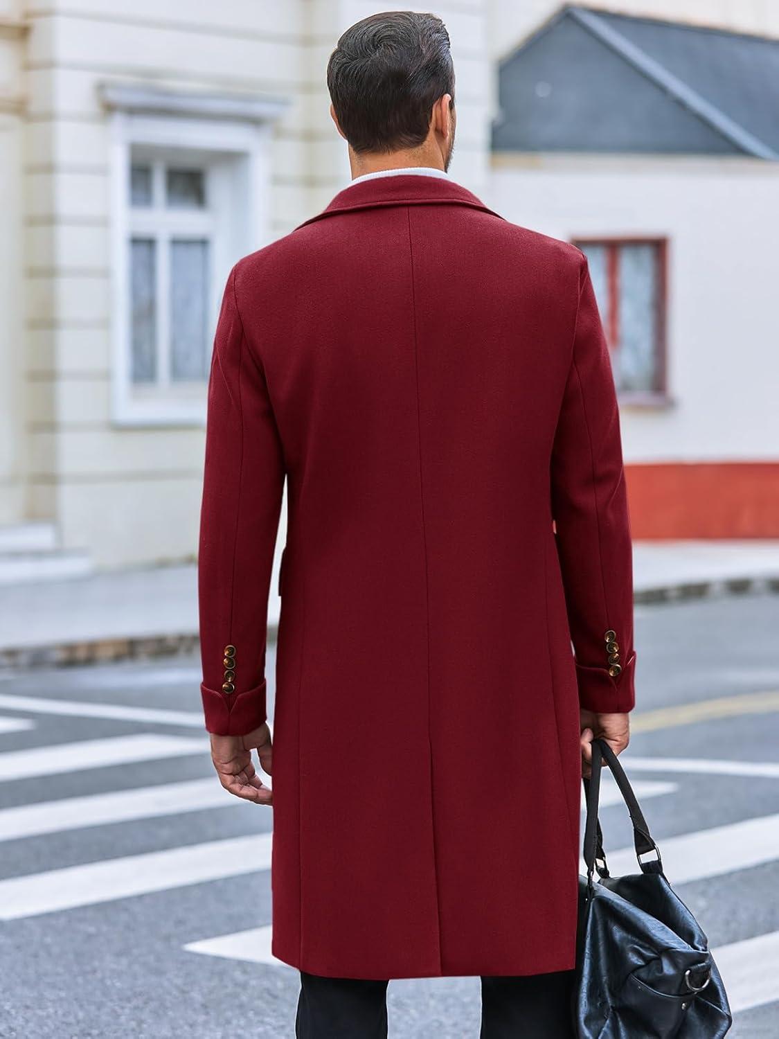 imageRuncati Mens Trench Coat Notch Lapel Slim Fit Double Breasted Long Pea Coat Winter Warm OvercoatWine Red