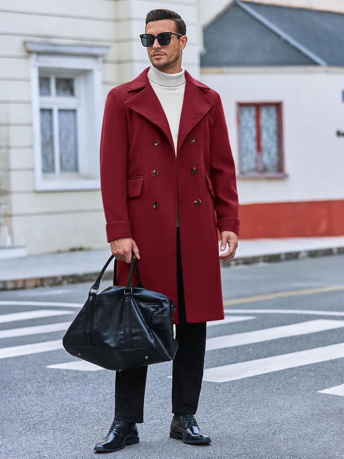 imageRuncati Mens Trench Coat Notch Lapel Slim Fit Double Breasted Long Pea Coat Winter Warm OvercoatWine Red