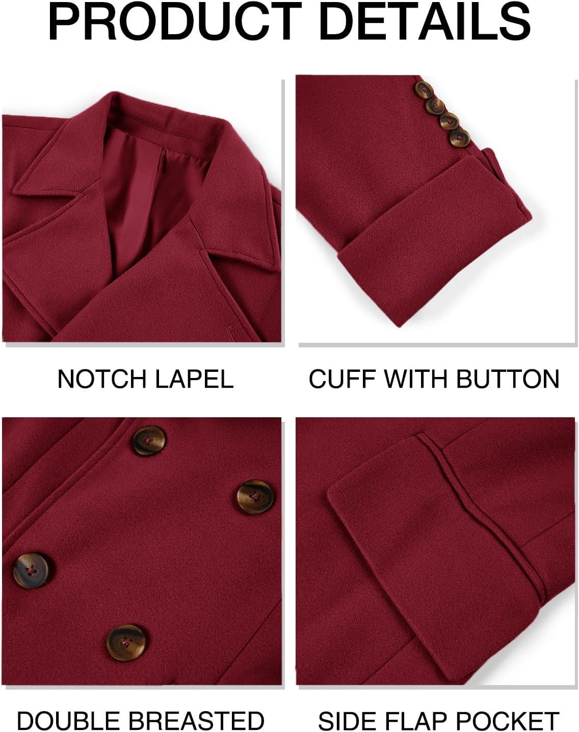 imageRuncati Mens Trench Coat Notch Lapel Slim Fit Double Breasted Long Pea Coat Winter Warm OvercoatWine Red