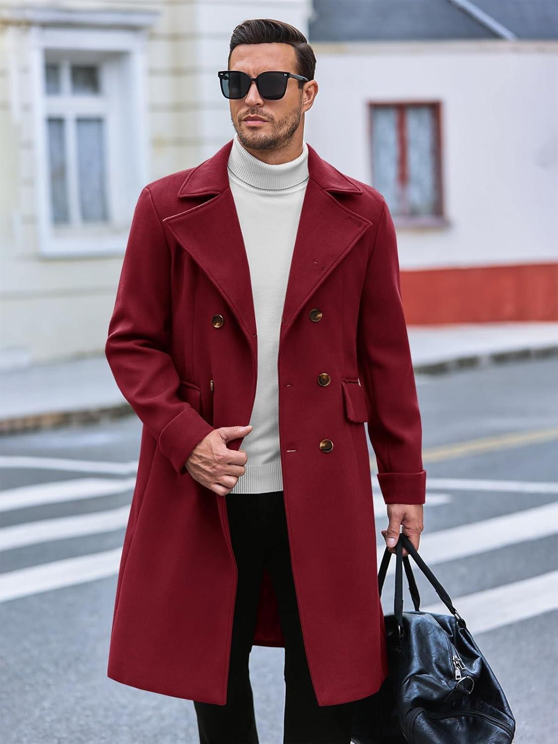 imageRuncati Mens Trench Coat Notch Lapel Slim Fit Double Breasted Long Pea Coat Winter Warm OvercoatWine Red