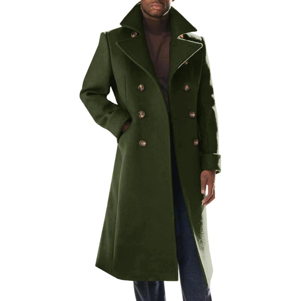 imageRuncati Mens Trench Coat Notch Lapel Slim Fit Double Breasted Long Pea Coat Winter Warm OvercoatArmy Green