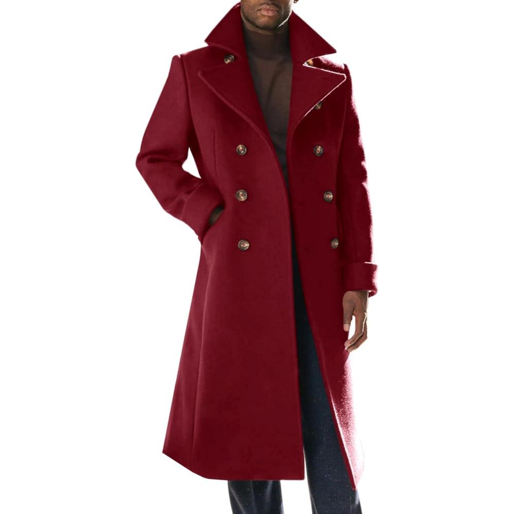 imageRuncati Mens Trench Coat Notch Lapel Slim Fit Double Breasted Long Pea Coat Winter Warm OvercoatWine Red