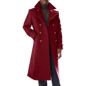 imageRuncati Mens Trench Coat Notch Lapel Slim Fit Double Breasted Long Pea Coat Winter Warm OvercoatWine Red