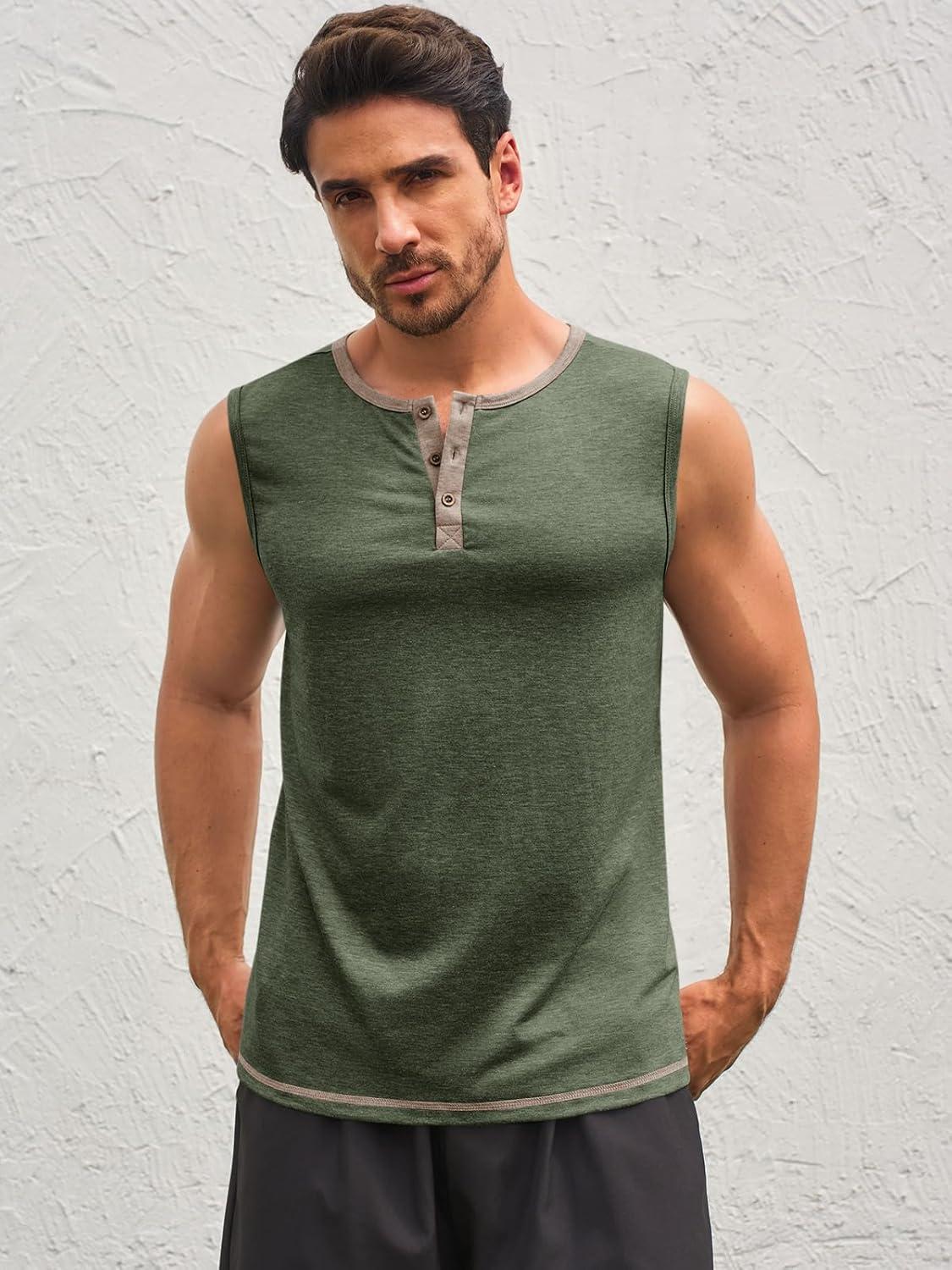 imageRuncati Mens Workout Tank Tops Sleeveless Gym Muscle Henley Shirt Casual Basic Summer Beach TopsArmy Green