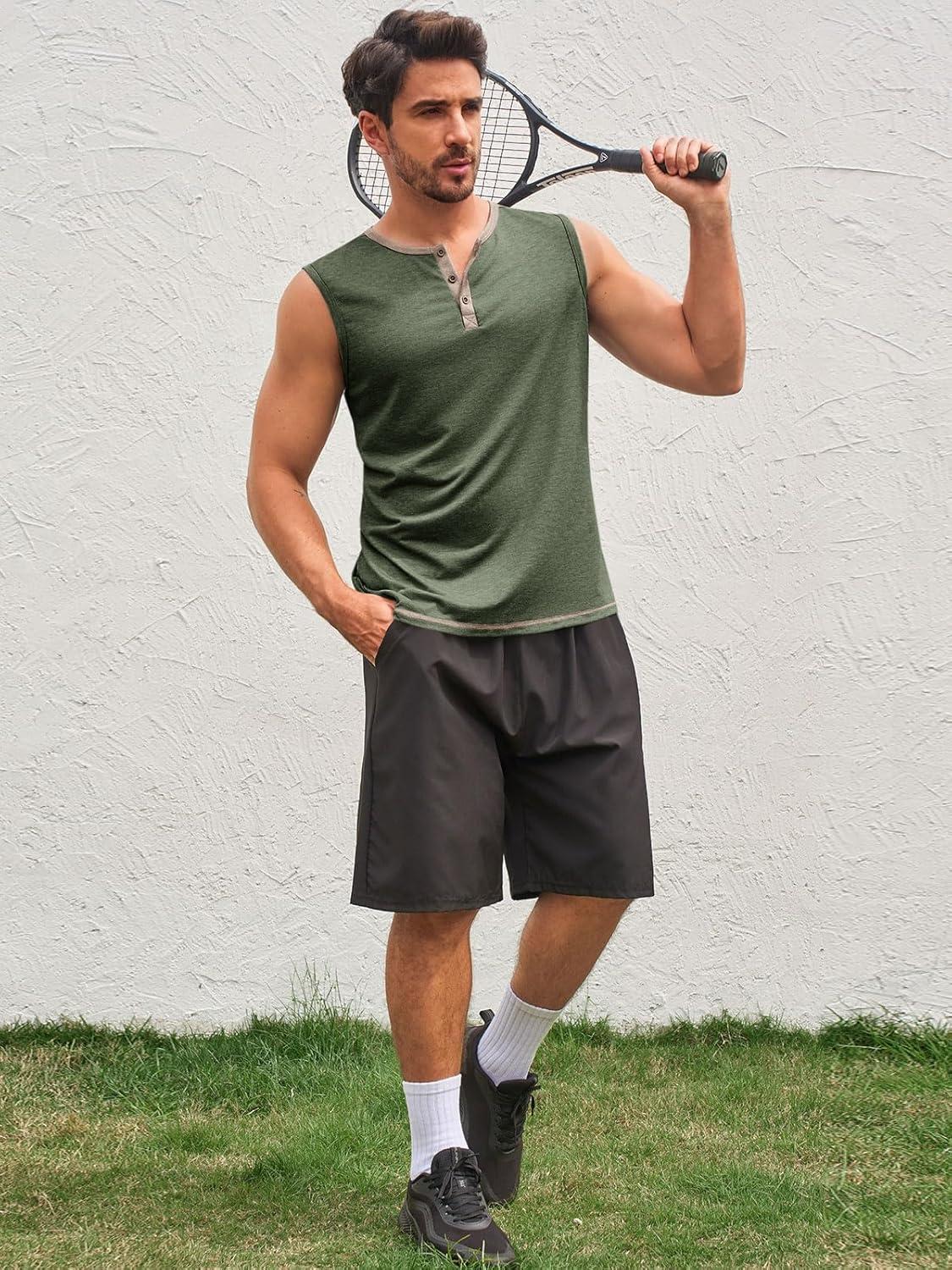 imageRuncati Mens Workout Tank Tops Sleeveless Gym Muscle Henley Shirt Casual Basic Summer Beach TopsArmy Green