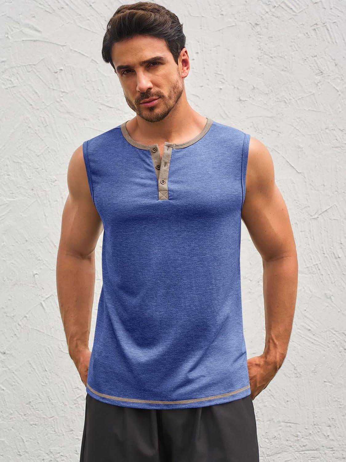 imageRuncati Mens Workout Tank Tops Sleeveless Gym Muscle Henley Shirt Casual Basic Summer Beach TopsBlue