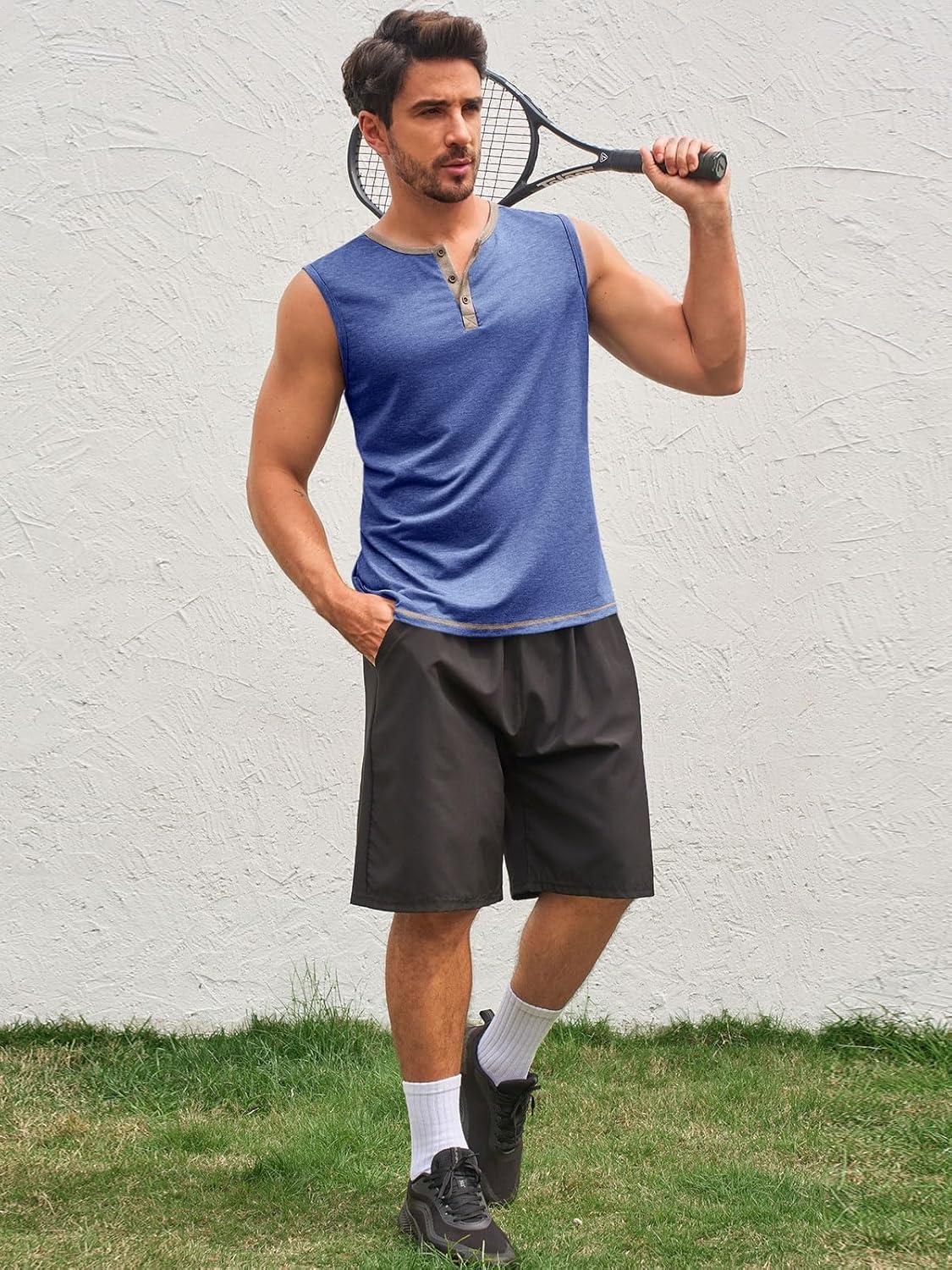 imageRuncati Mens Workout Tank Tops Sleeveless Gym Muscle Henley Shirt Casual Basic Summer Beach TopsBlue