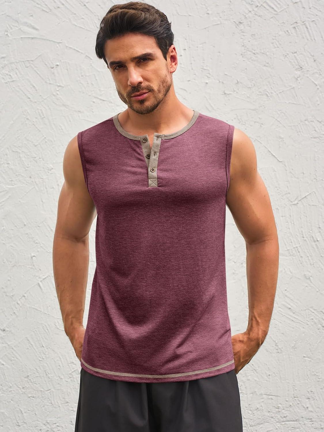 imageRuncati Mens Workout Tank Tops Sleeveless Gym Muscle Henley Shirt Casual Basic Summer Beach TopsBurgundy
