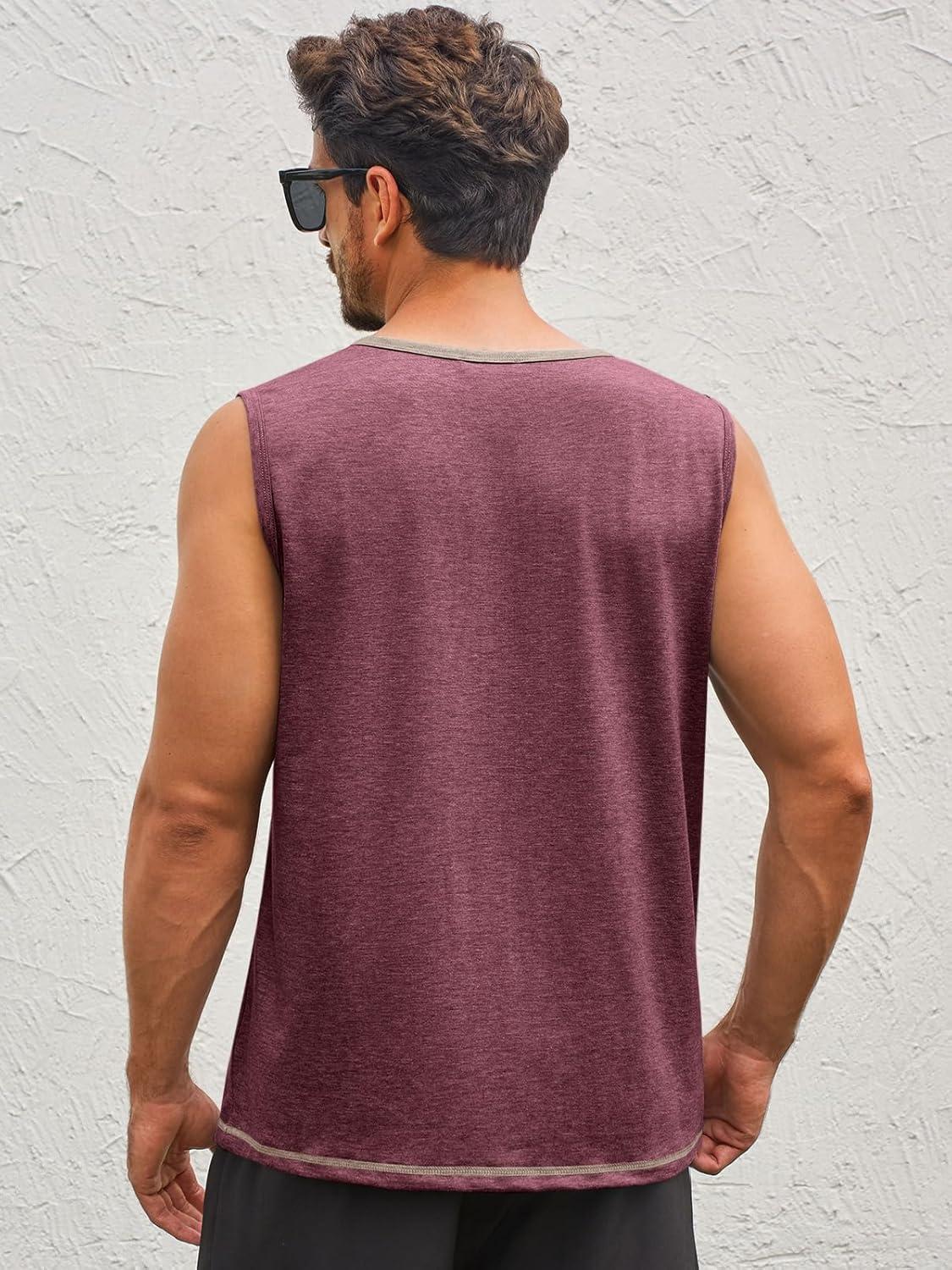 imageRuncati Mens Workout Tank Tops Sleeveless Gym Muscle Henley Shirt Casual Basic Summer Beach TopsBurgundy