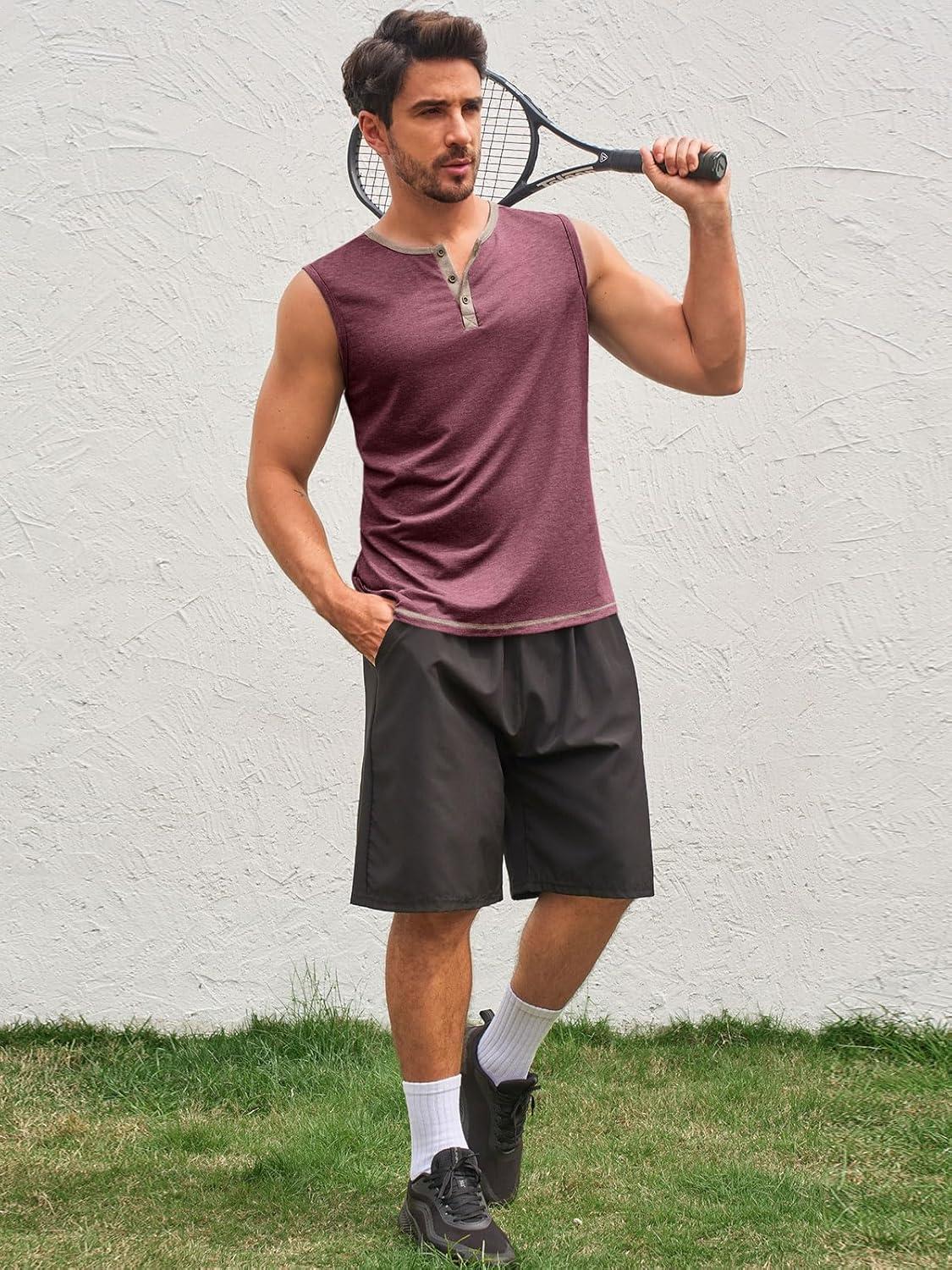 imageRuncati Mens Workout Tank Tops Sleeveless Gym Muscle Henley Shirt Casual Basic Summer Beach TopsBurgundy