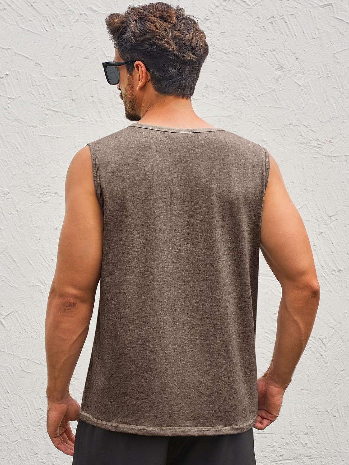 imageRuncati Mens Workout Tank Tops Sleeveless Gym Muscle Henley Shirt Casual Basic Summer Beach TopsCoffee