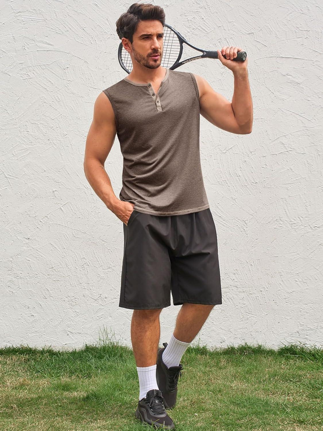 imageRuncati Mens Workout Tank Tops Sleeveless Gym Muscle Henley Shirt Casual Basic Summer Beach TopsCoffee