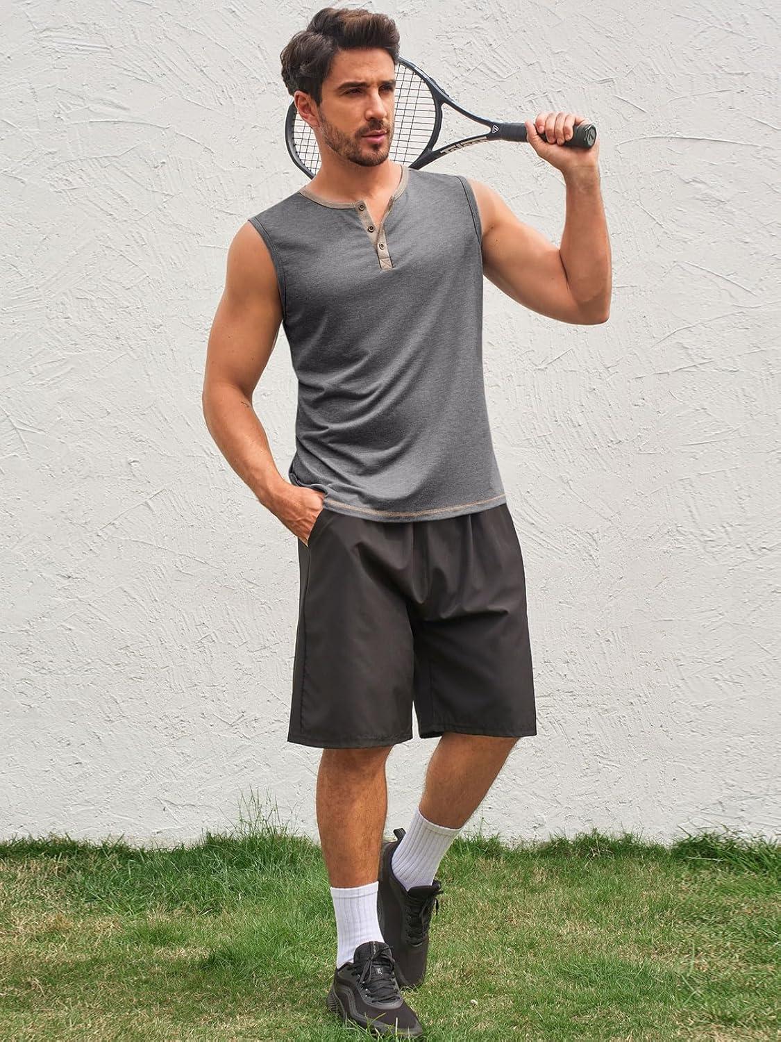 imageRuncati Mens Workout Tank Tops Sleeveless Gym Muscle Henley Shirt Casual Basic Summer Beach TopsDark Grey