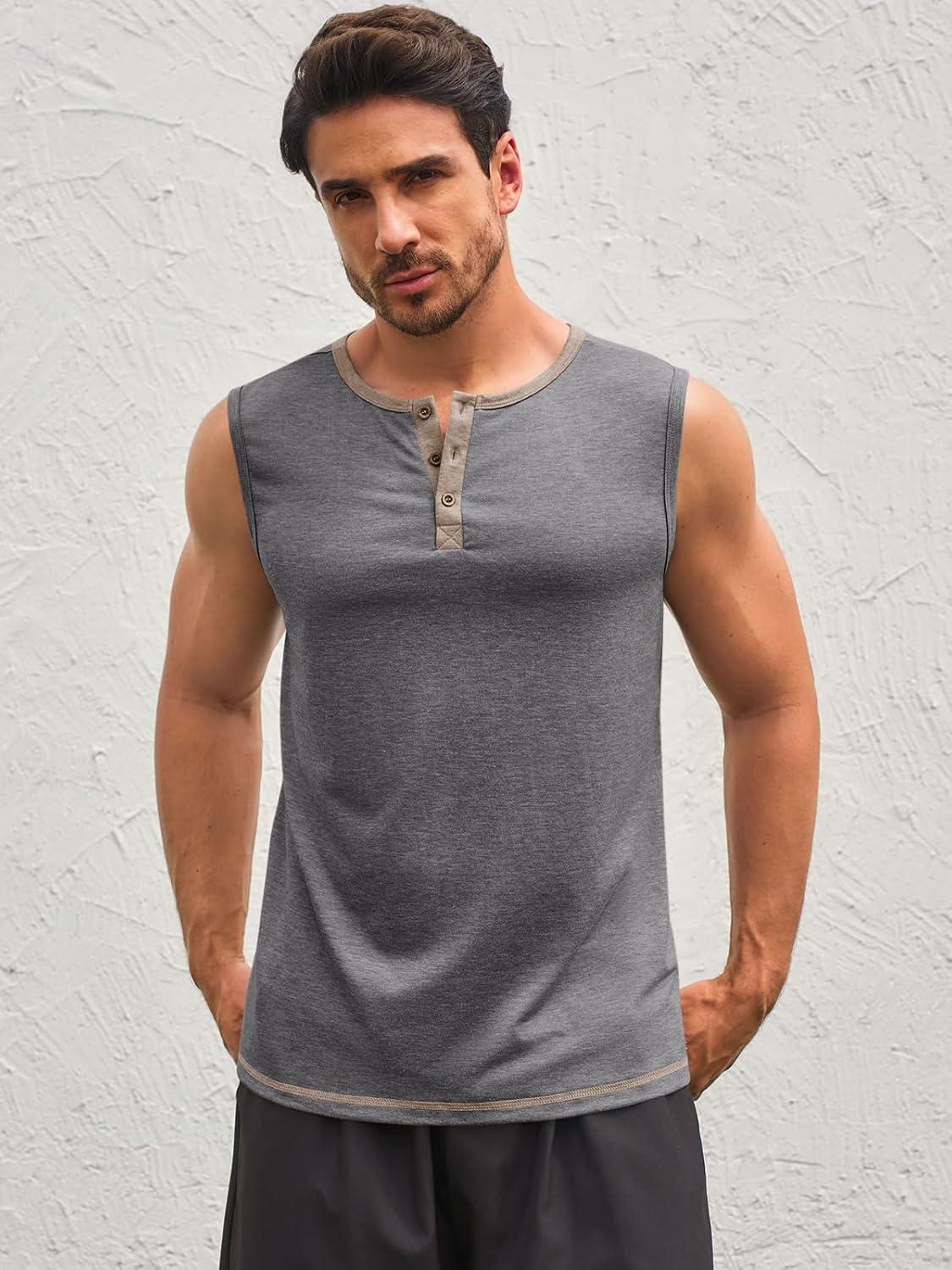 imageRuncati Mens Workout Tank Tops Sleeveless Gym Muscle Henley Shirt Casual Basic Summer Beach TopsDark Grey