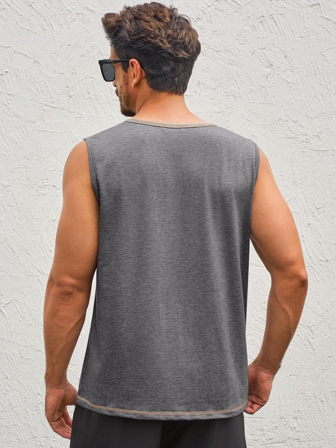 imageRuncati Mens Workout Tank Tops Sleeveless Gym Muscle Henley Shirt Casual Basic Summer Beach TopsDark Grey