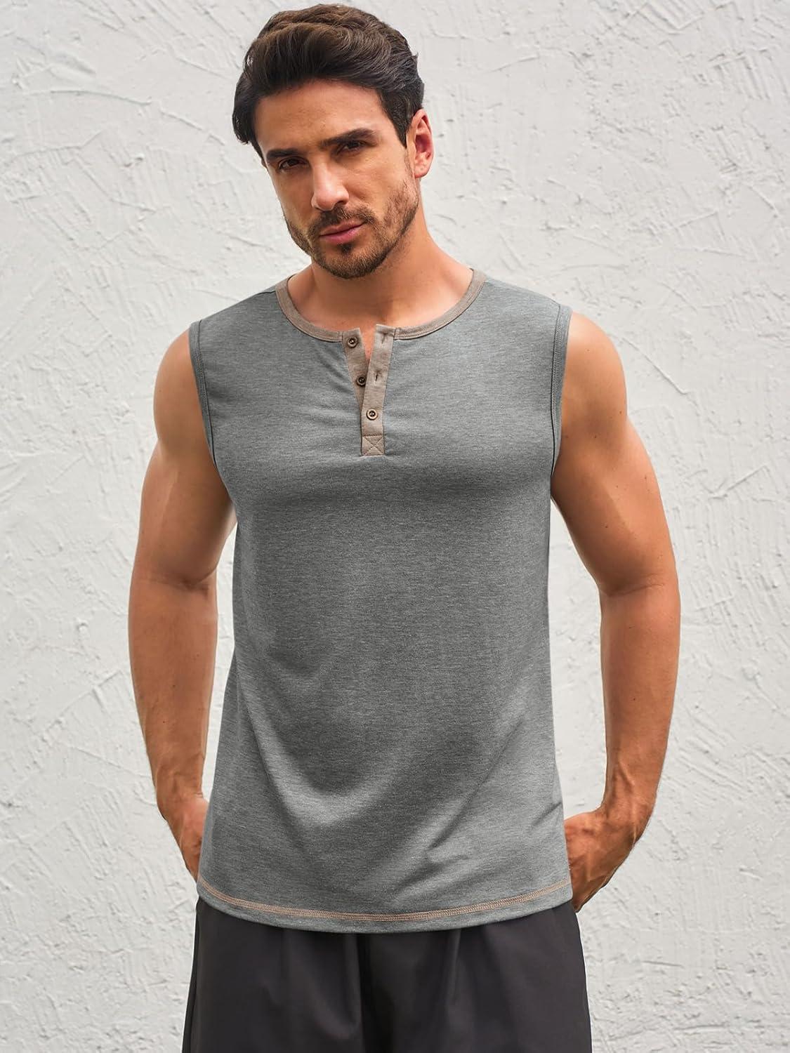 imageRuncati Mens Workout Tank Tops Sleeveless Gym Muscle Henley Shirt Casual Basic Summer Beach TopsGrey