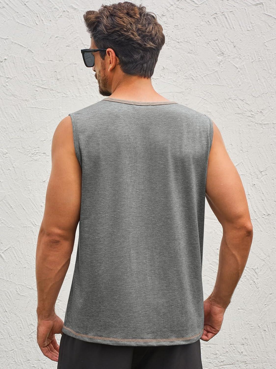 imageRuncati Mens Workout Tank Tops Sleeveless Gym Muscle Henley Shirt Casual Basic Summer Beach TopsGrey